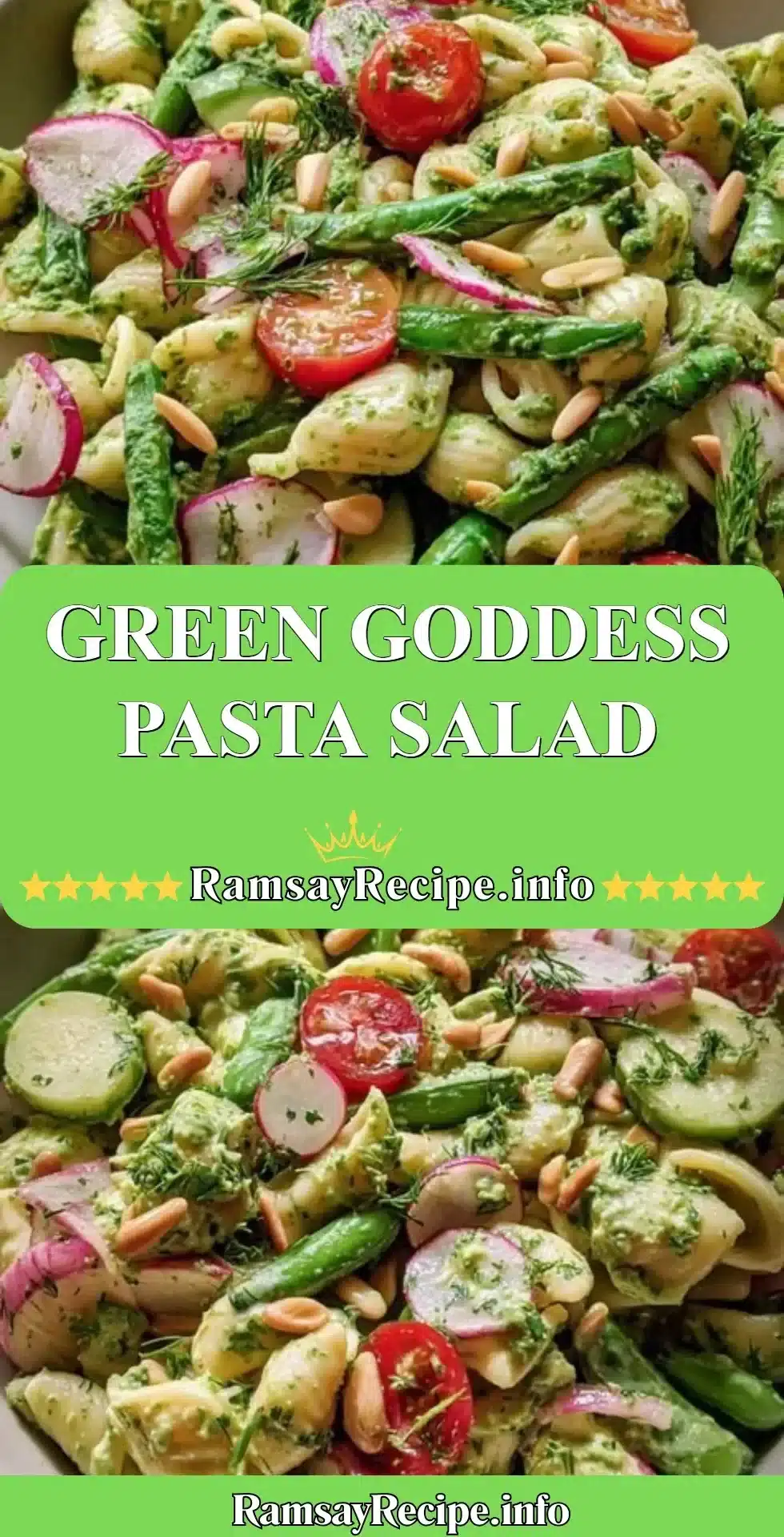 A vibrant bowl of Green Goddess Pasta Salad with fresh vegetables and herbs