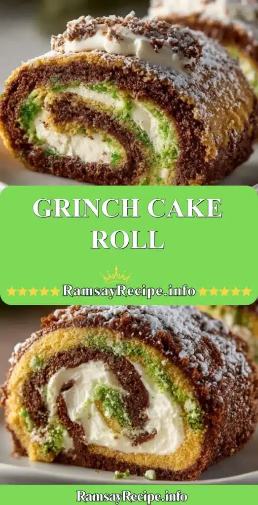 Delicious Grinch Cake Roll featuring vibrant green frosting and holiday decorations