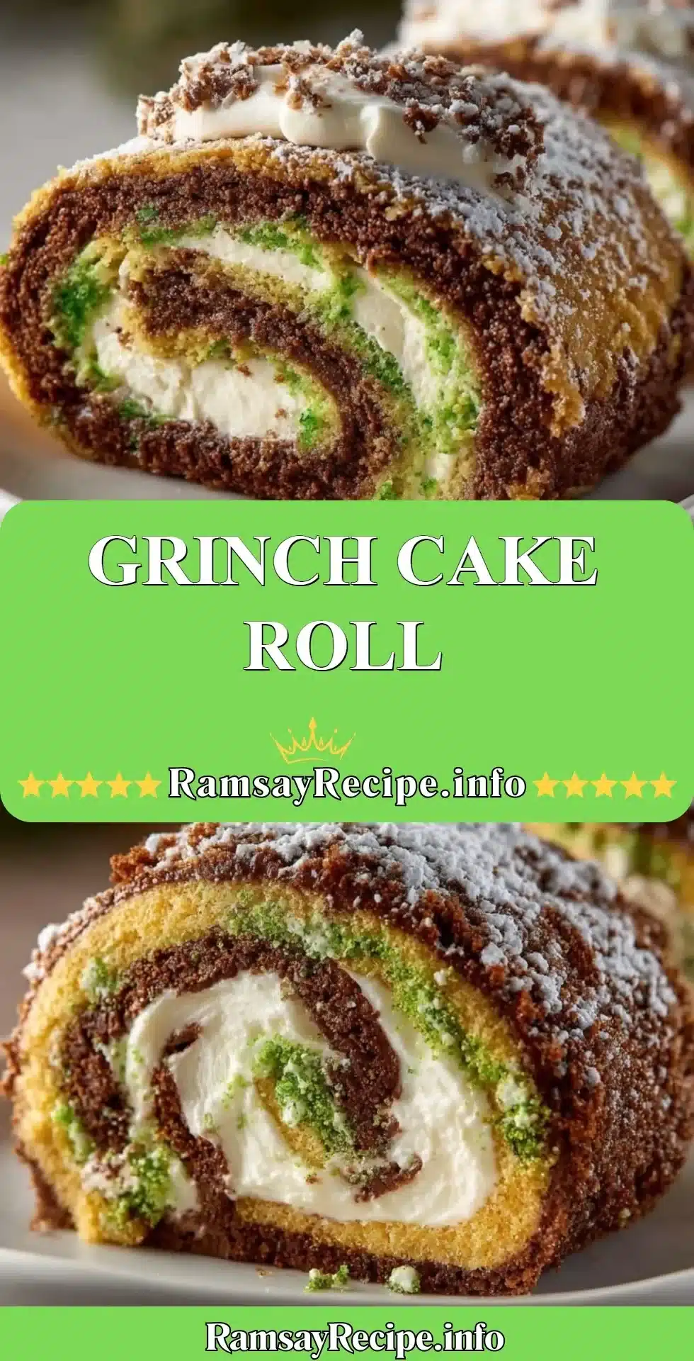 Delicious Grinch Cake Roll featuring vibrant green frosting and holiday decorations