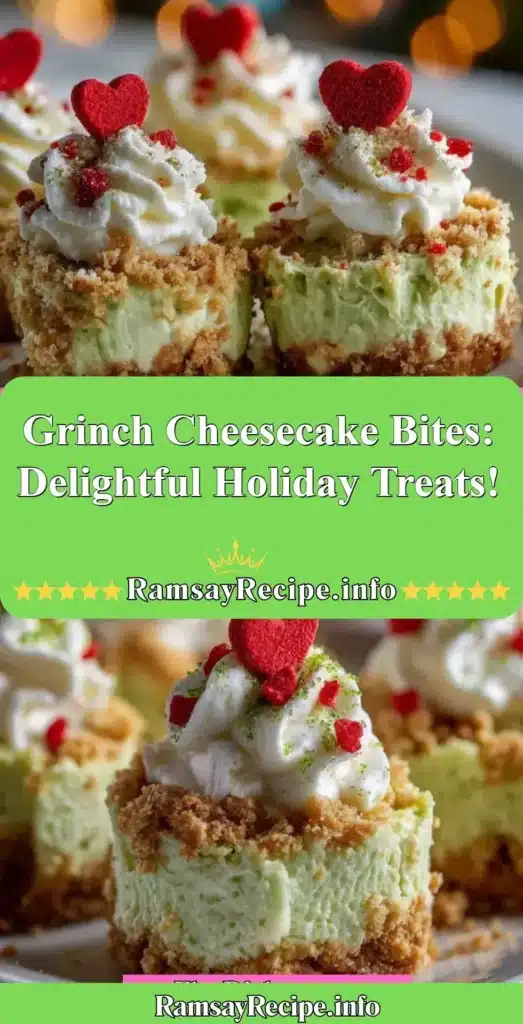 Festive Grinch cheesecake bites topped with green icing and red decorations