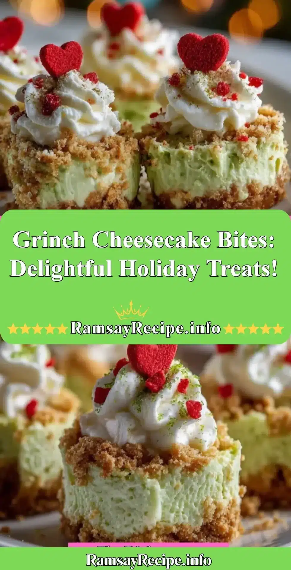 Festive Grinch cheesecake bites topped with green icing and red decorations
