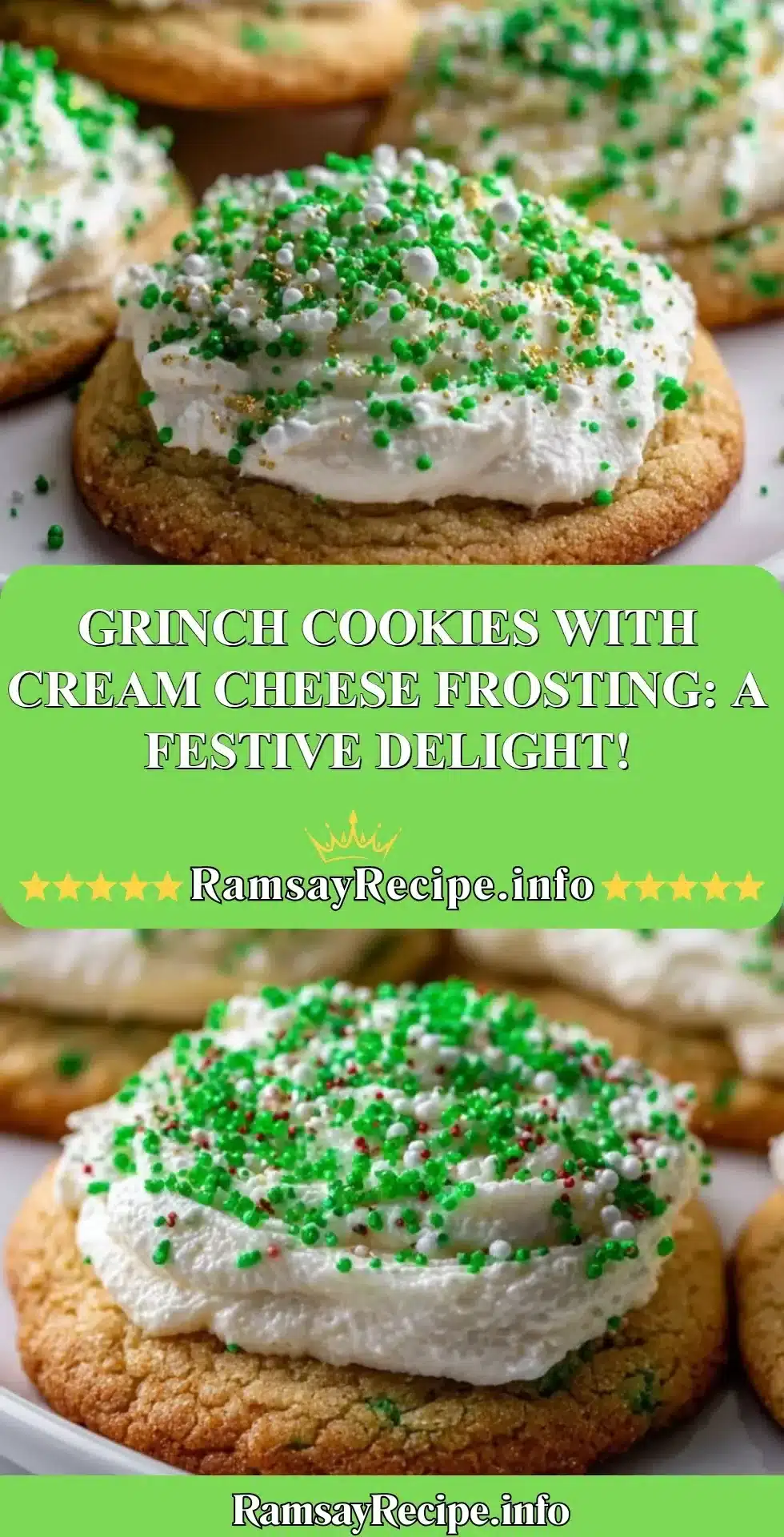 Delicious Grinch Cookies decorated with cream cheese frosting for the holidays