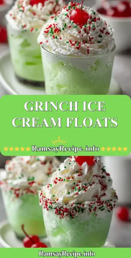 Festive Grinch Ice Cream Floats with minty ice cream and bright green color