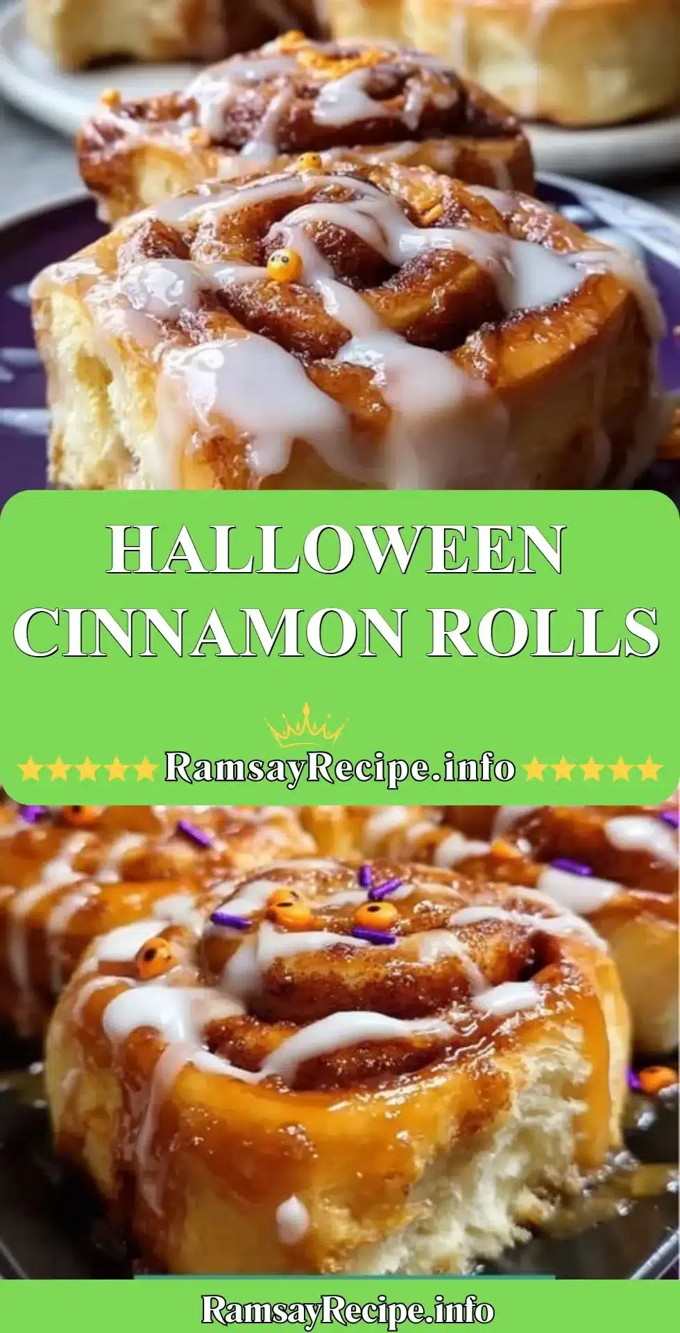 Halloween-themed cinnamon rolls with spooky decorations