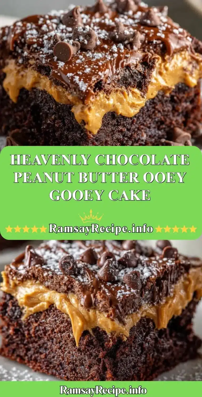 Heavenly chocolate peanut butter ooey gooey cake, drizzled with chocolate and peanut butter frosting.