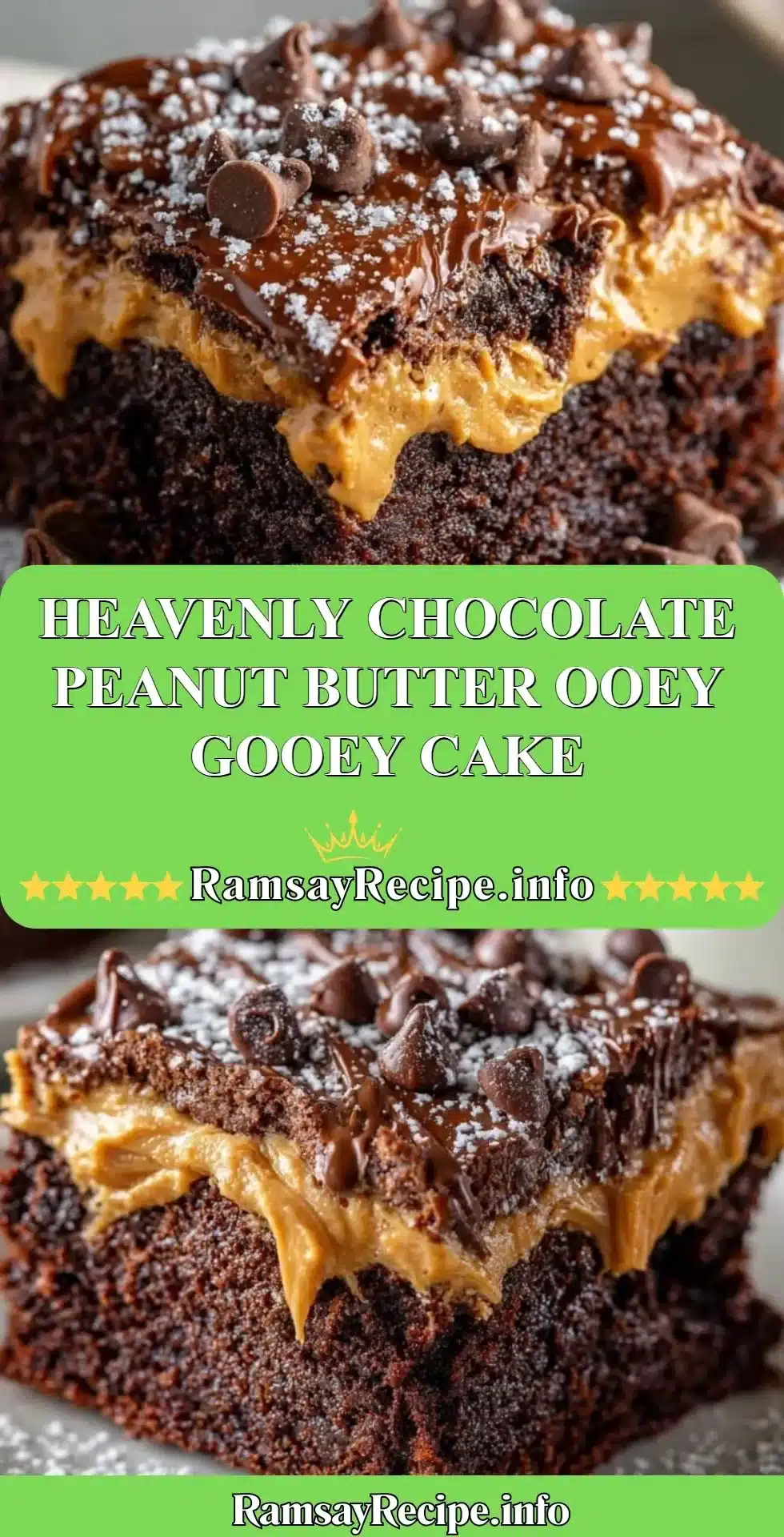 Heavenly chocolate peanut butter ooey gooey cake, drizzled with chocolate and peanut butter frosting.