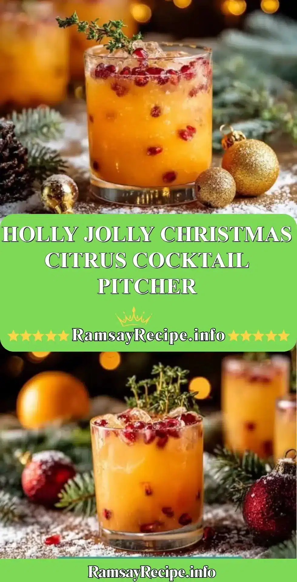 Holly Jolly Christmas Citrus Cocktail Pitcher with festive decorations