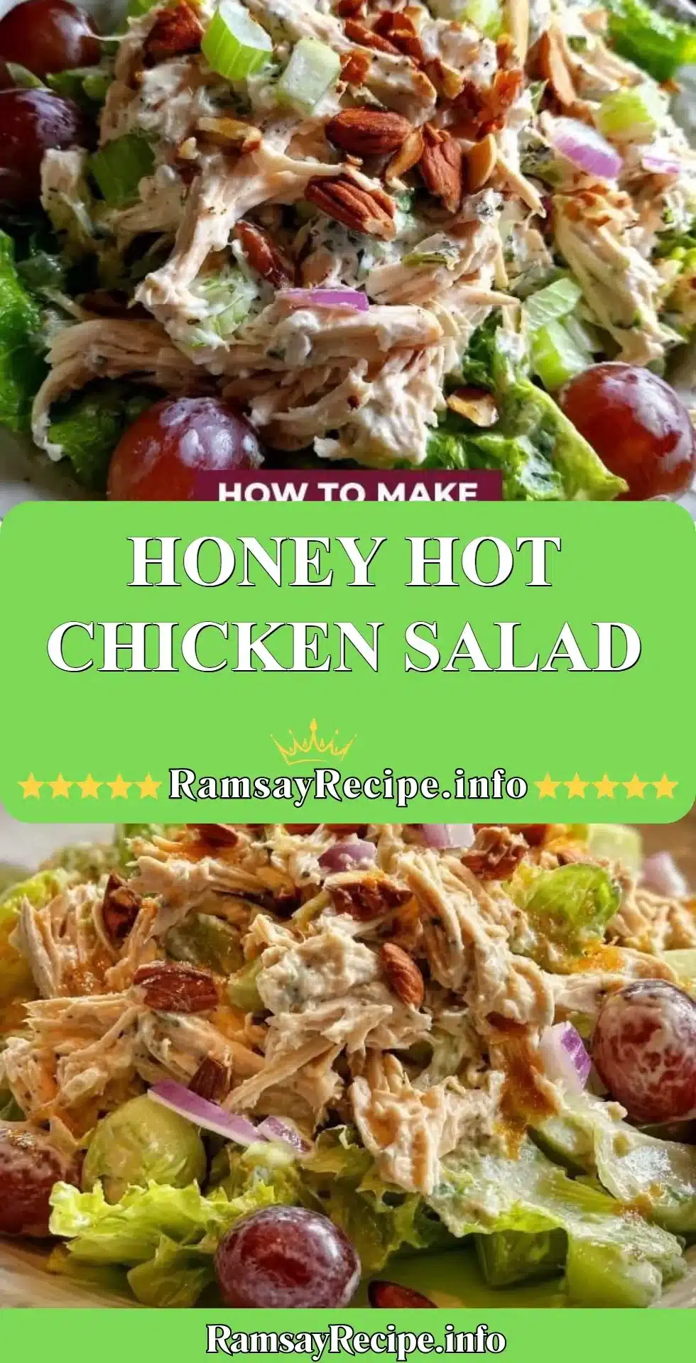 Delicious Honey Hot Chicken Salad topped with crispy chicken and honey drizzle