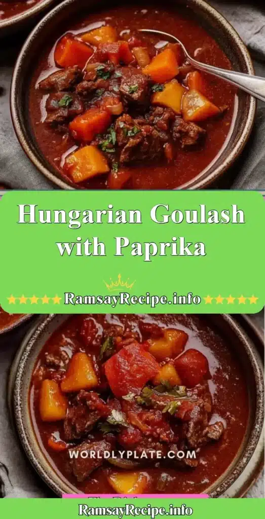 Bowl of Hungarian goulash with paprika, showcasing rich flavors and textures.