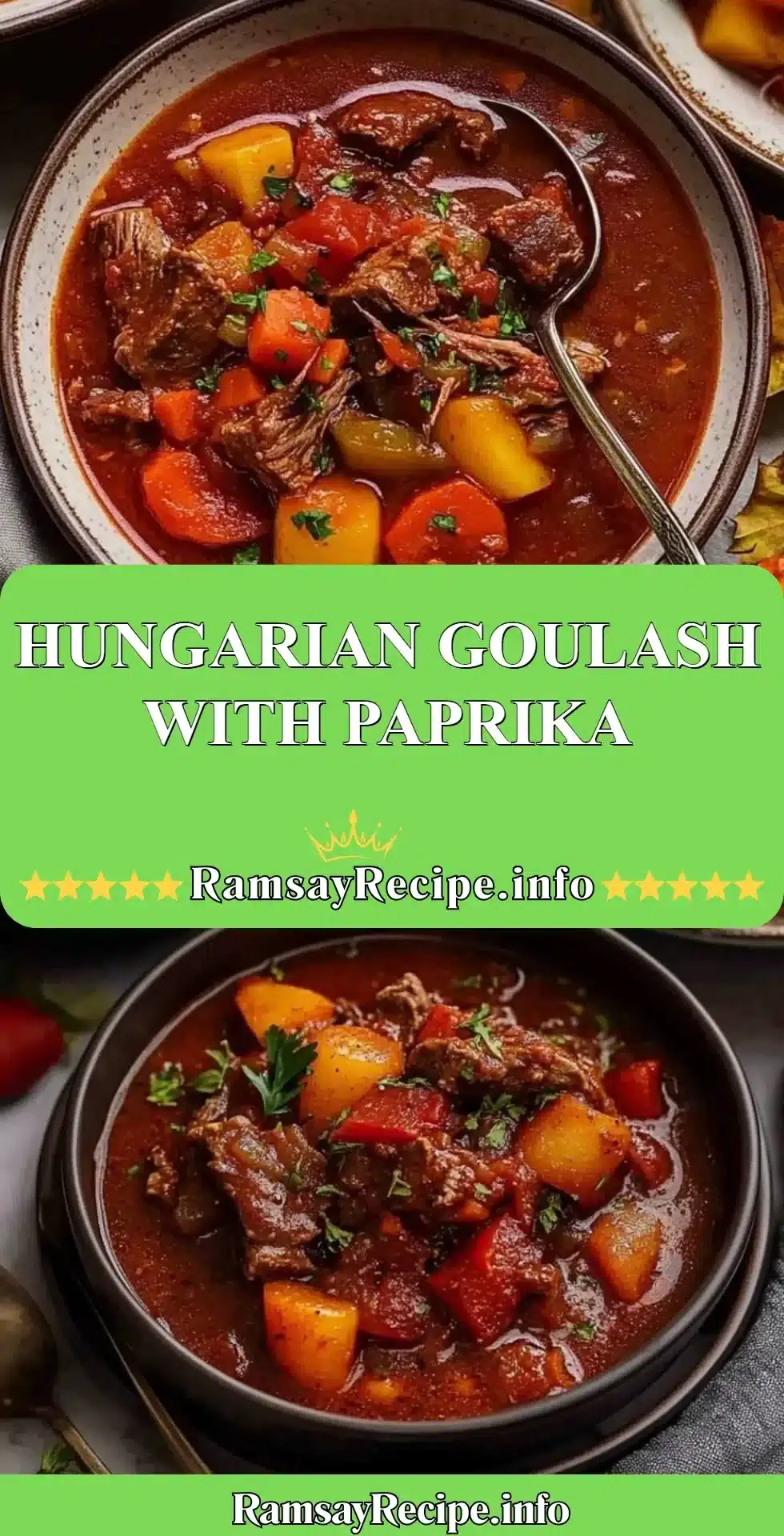 Bowl of traditional Hungarian Goulash garnished with paprika and herbs