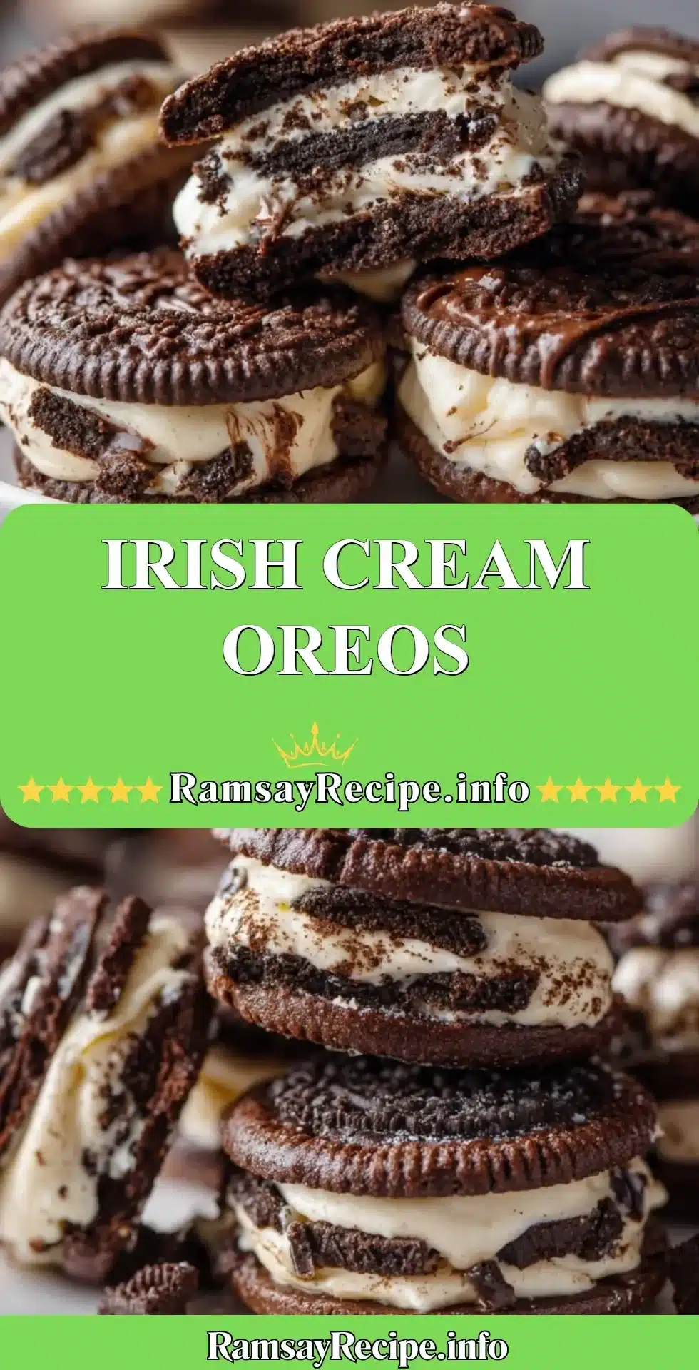 Delicious Irish Cream Oreos featuring creamy filling and classic chocolate cookies.
