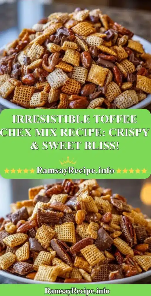 Delicious homemade Toffee Chex Mix in a bowl, showcasing crispy and sweet snacks.