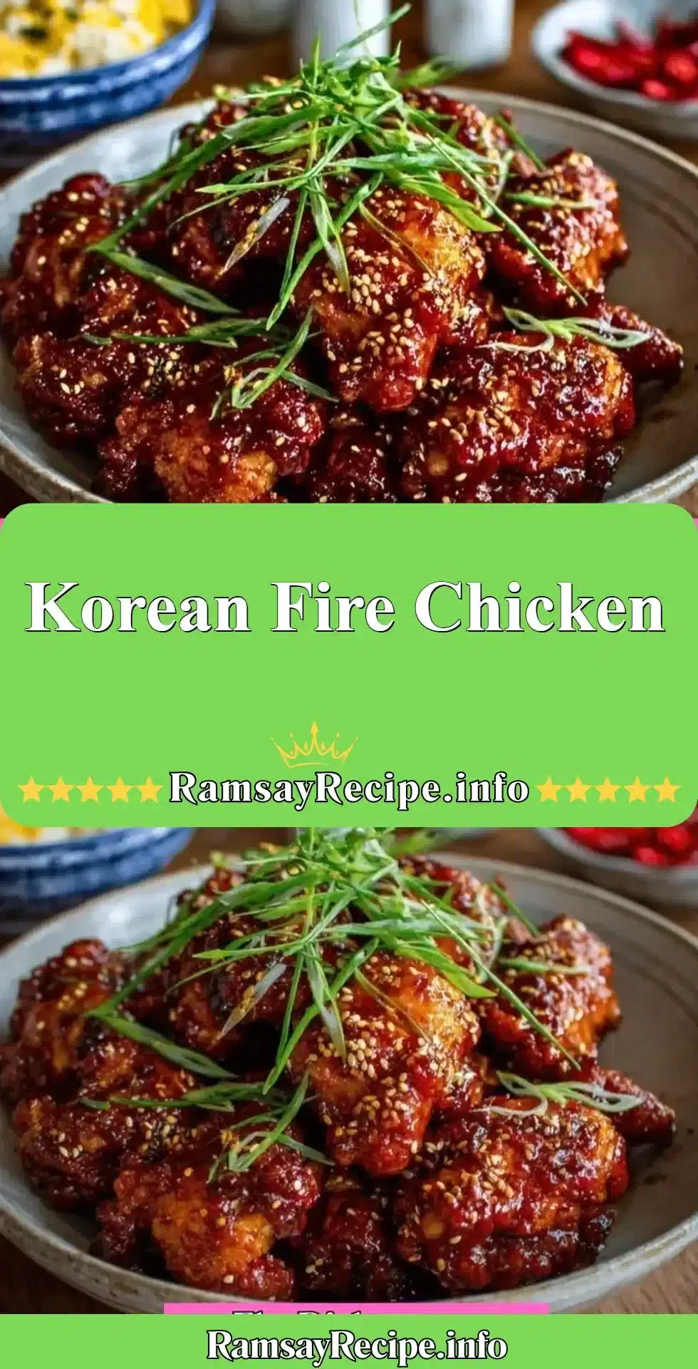 Spicy Korean Fire Chicken garnished with vegetables and sesame seeds