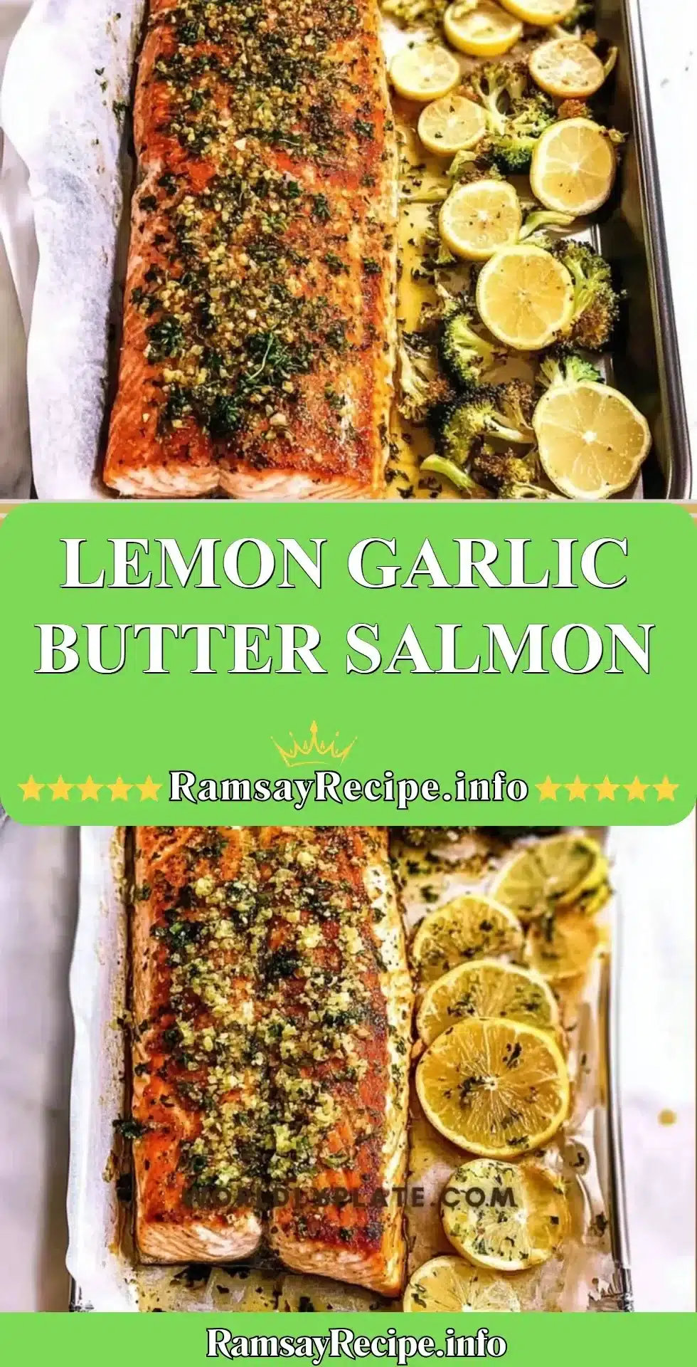 Lemon Garlic Butter Salmon served with fresh herbs and lemon slices.