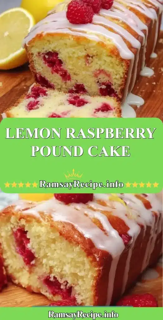 Sliced Lemon Raspberry Pound Cake with fresh berries and lemon slices on a plate.