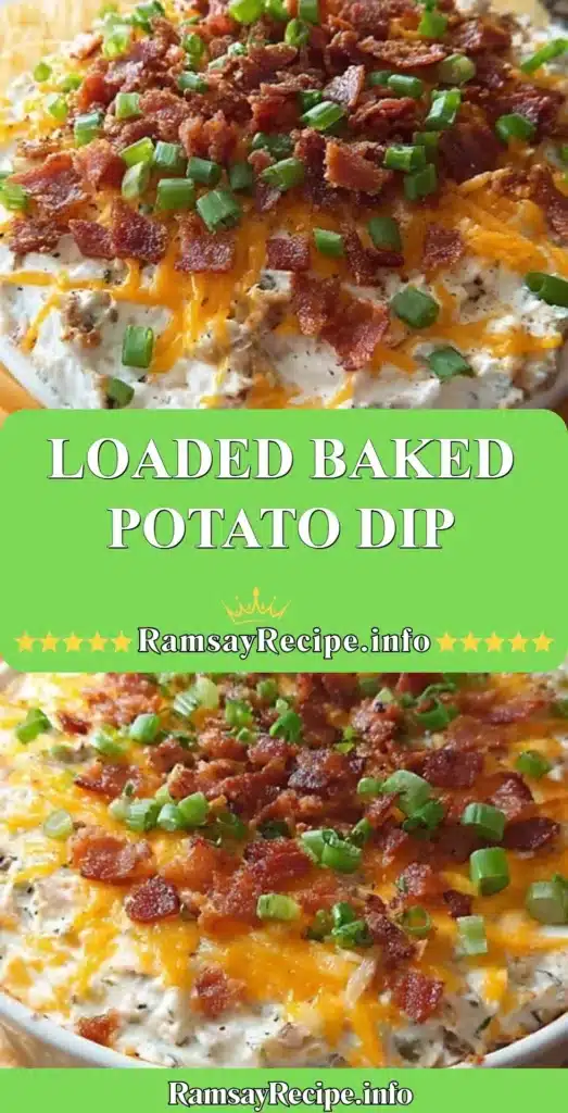Delicious loaded baked potato dip topped with cheese, bacon, and green onions.