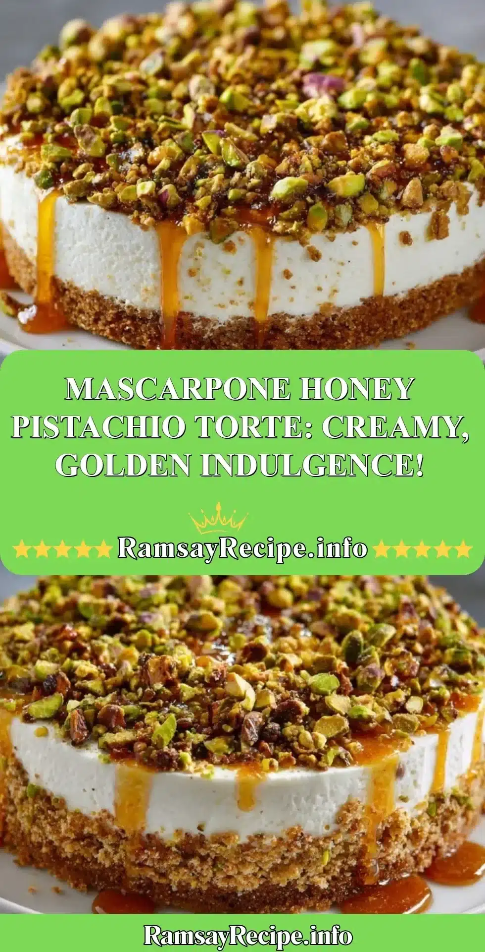 Delicious Mascarpone Honey Pistachio Torte topped with crushed pistachios