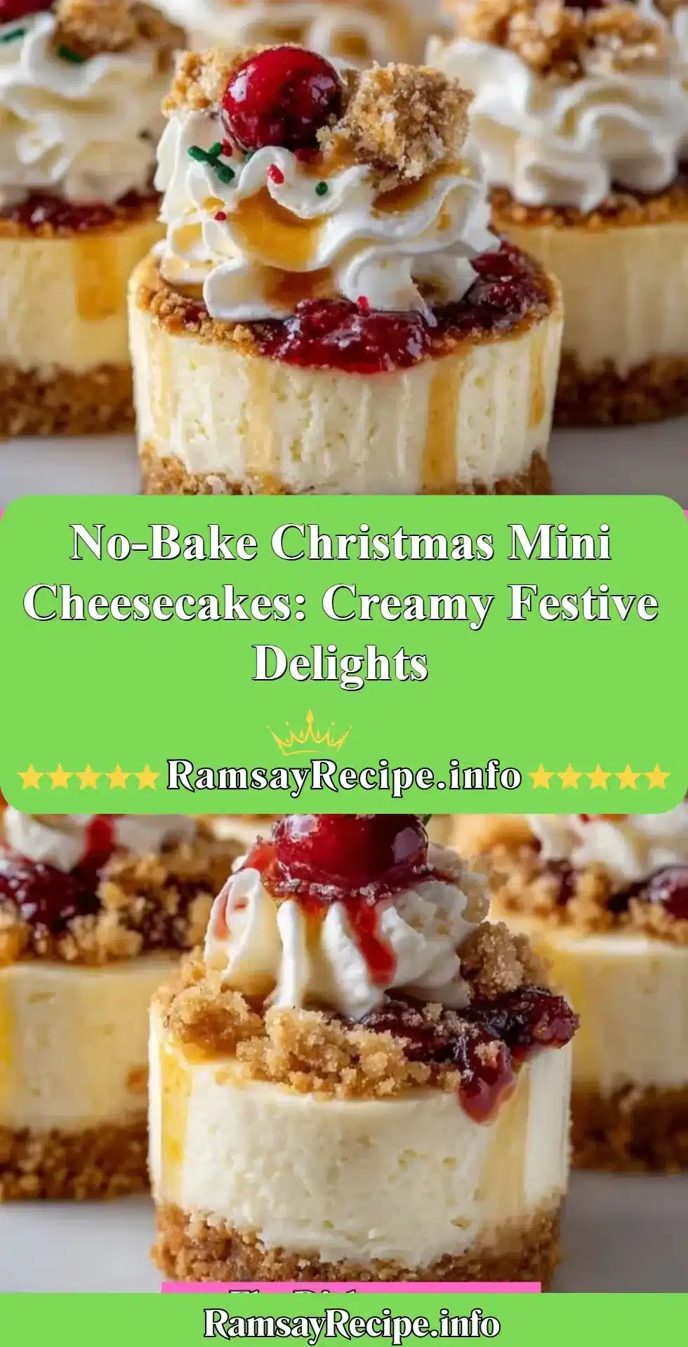 No-bake Christmas mini cheesecakes topped with festive decorations