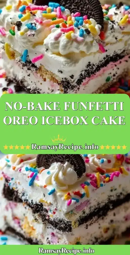 No-Bake Funfetti Oreo Icebox Cake topped with colorful sprinkles