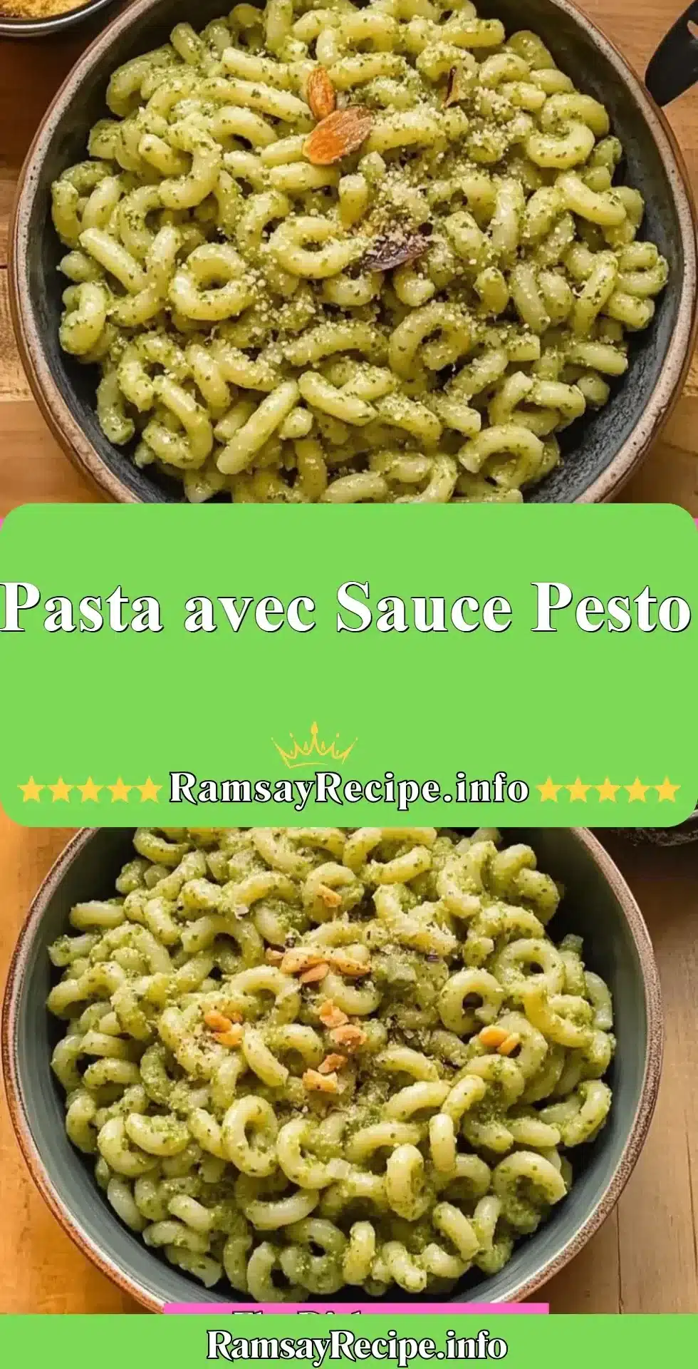 Pasta with homemade pesto sauce, featuring fresh basil and pine nuts