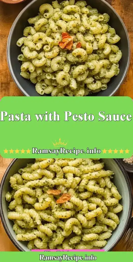 Delicious plate of pasta with fresh pesto sauce topped with parmesan