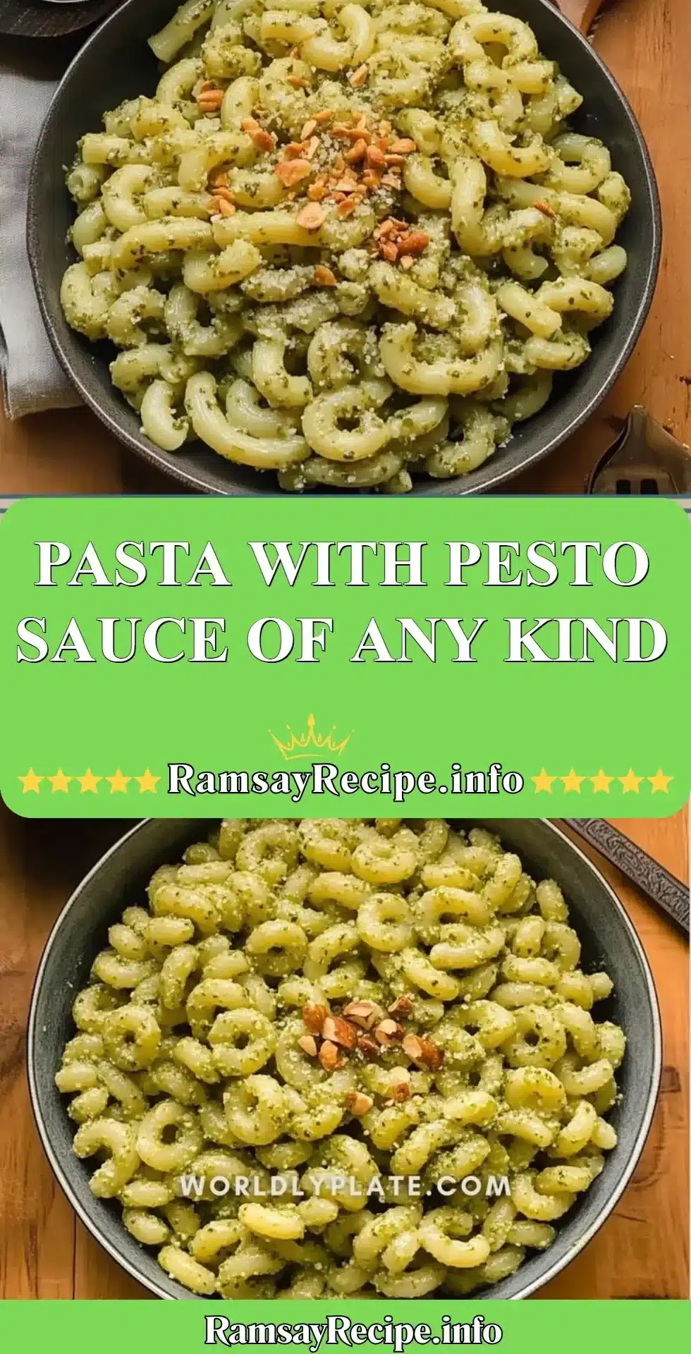Delicious pasta dish with vibrant pesto sauce served on a plate