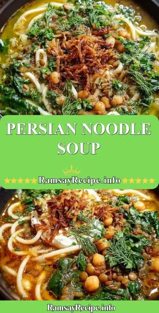Delicious Persian Noodle Soup served in a bowl with fresh herbs and noodles