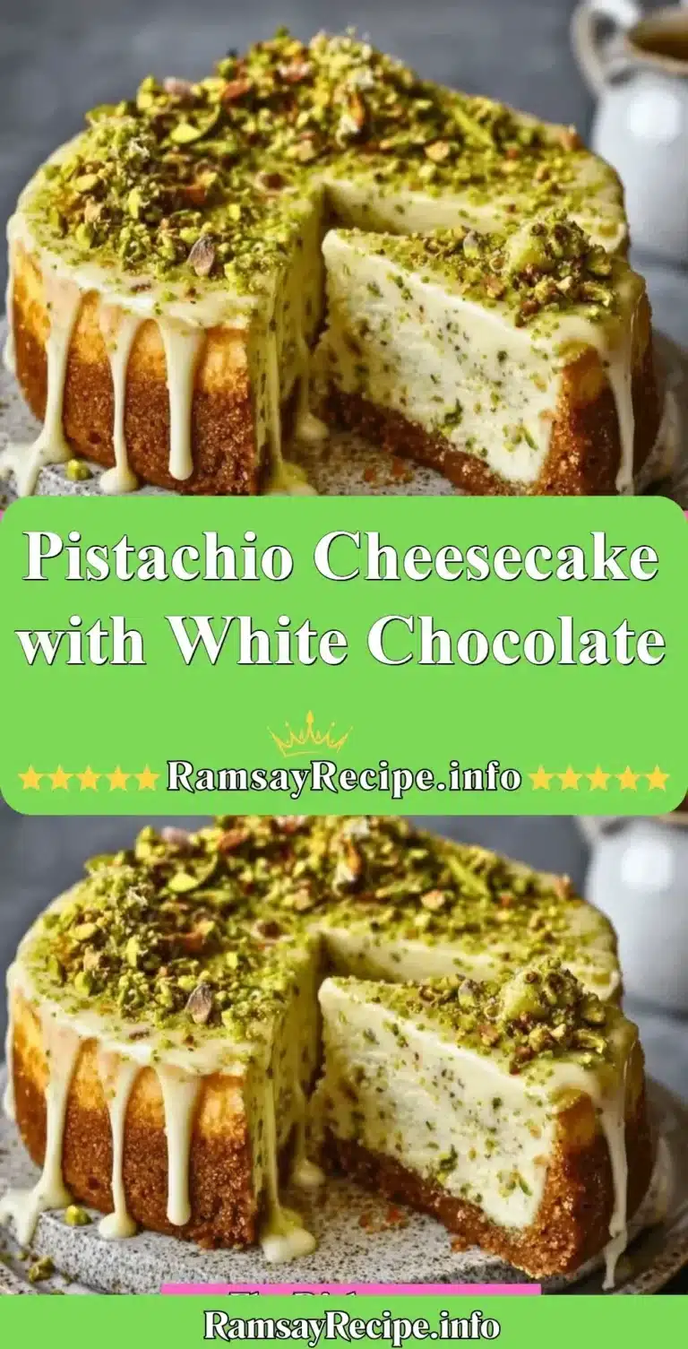 Delicious pistachio cheesecake topped with white chocolate and nuts