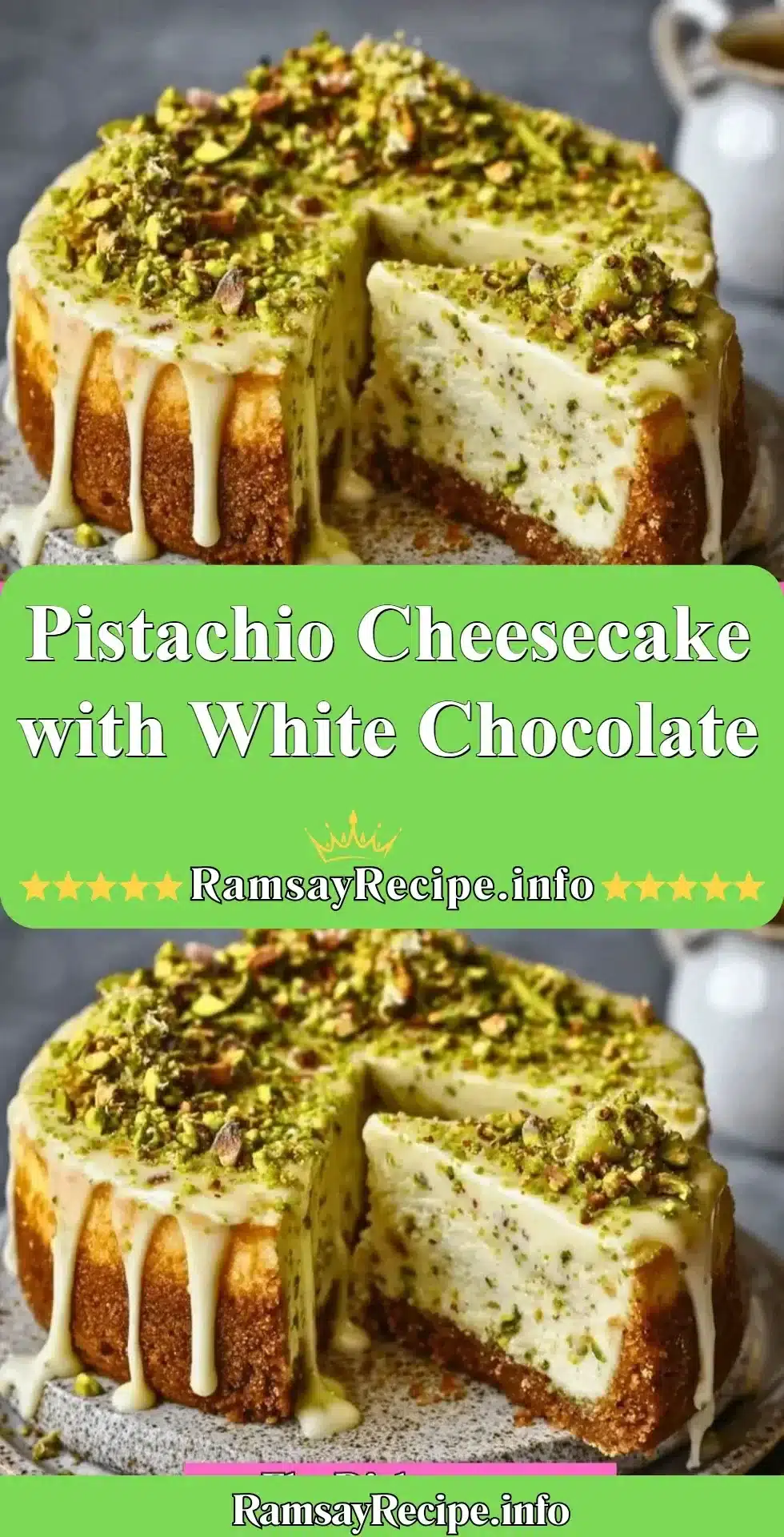 Pistachio Cheesecake with White Chocolate 2 Delicious pistachio cheesecake topped with white chocolate and nuts