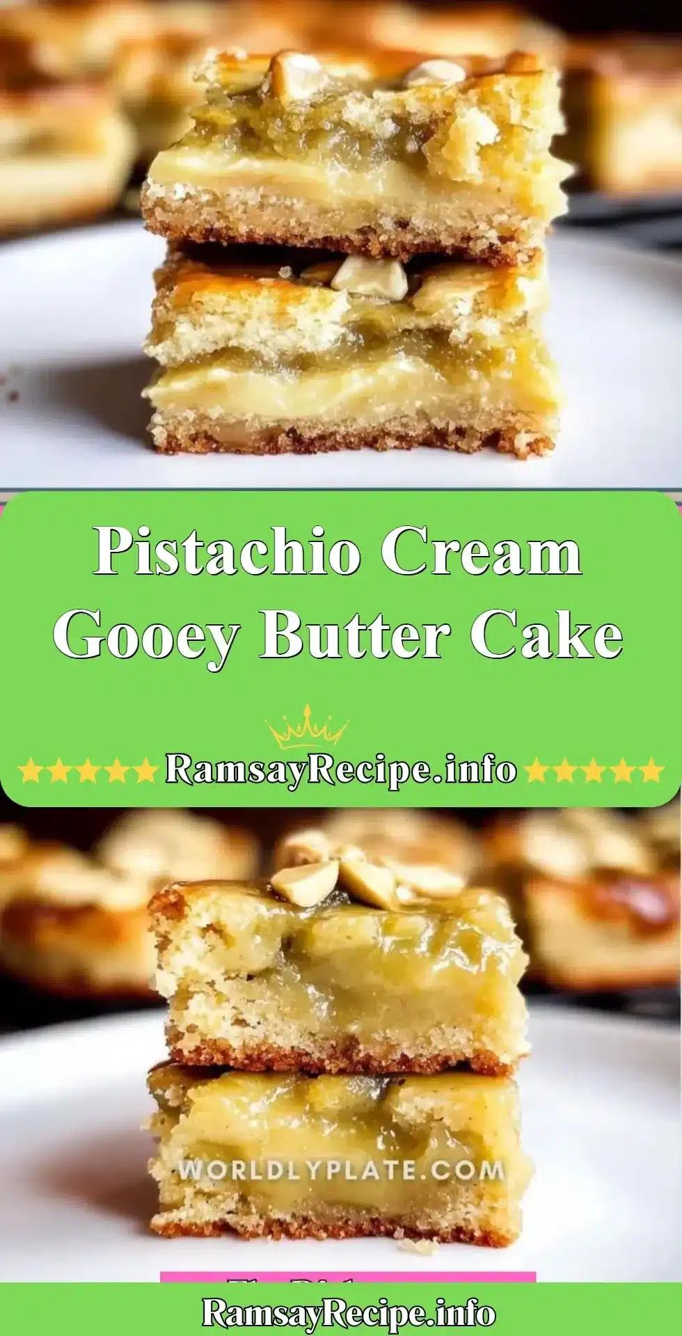 Delicious pistachio cream gooey butter cake topped with green pistachios