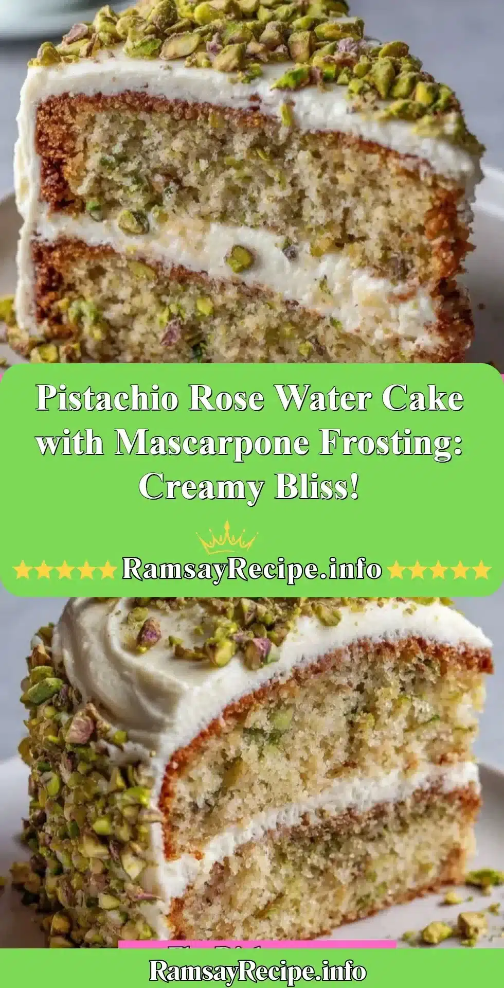 Pistachio Rose Water Cake topped with creamy Mascarpone Frosting and decorative petals.