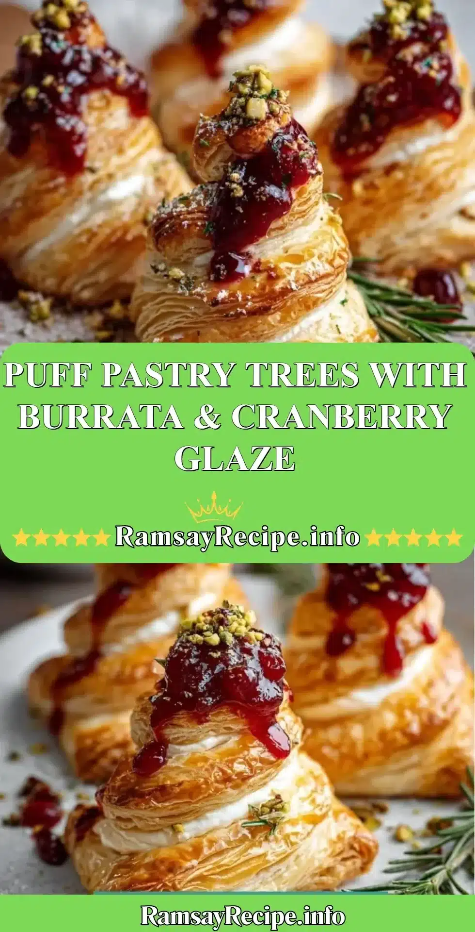 Festive puff pastry trees with burrata and cranberry glaze on a plate