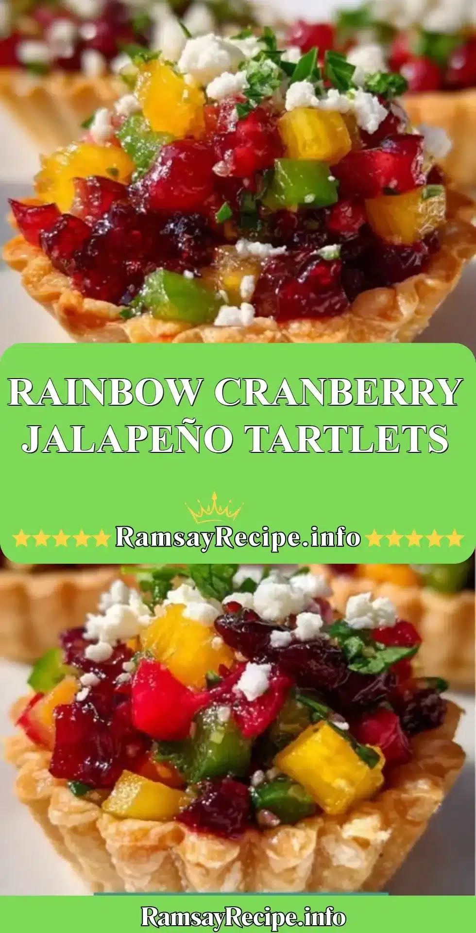 Colorful rainbow cranberry jalapeño tartlets on a white plate.