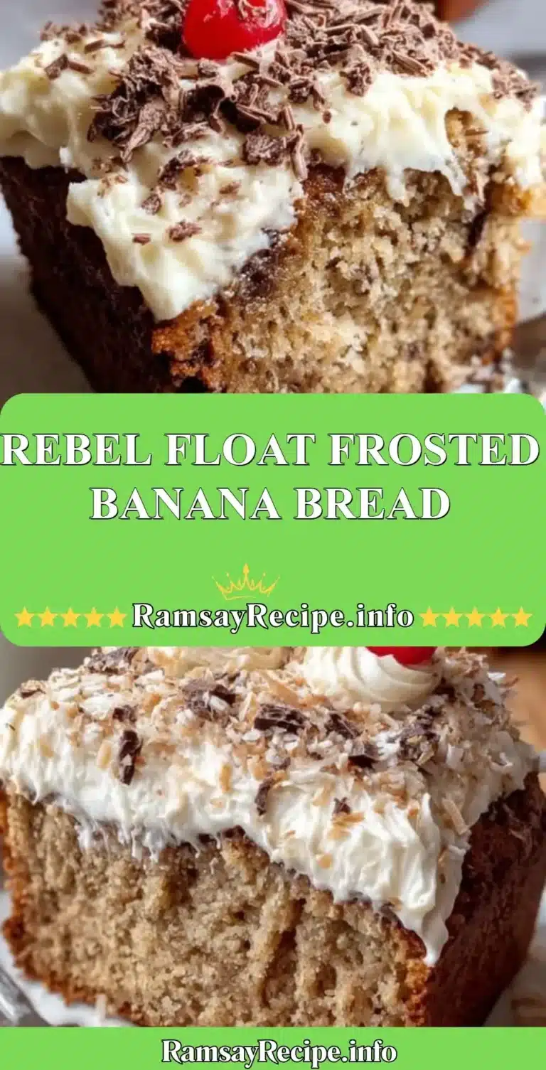 Rebel Float Frosted Banana Bread topped with creamy frosting on a wooden table