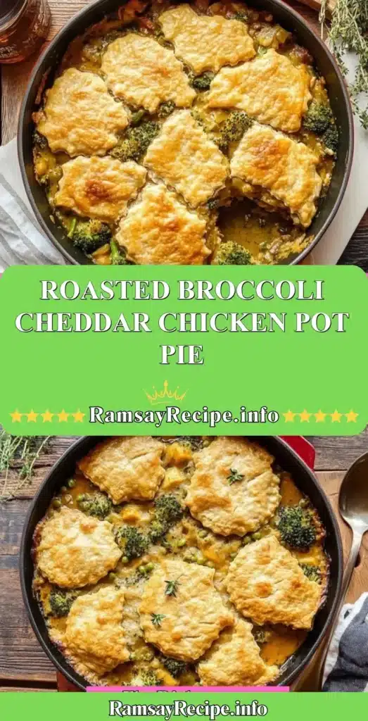 Roasted Broccoli Cheddar Chicken Pot Pie served in a rustic dish