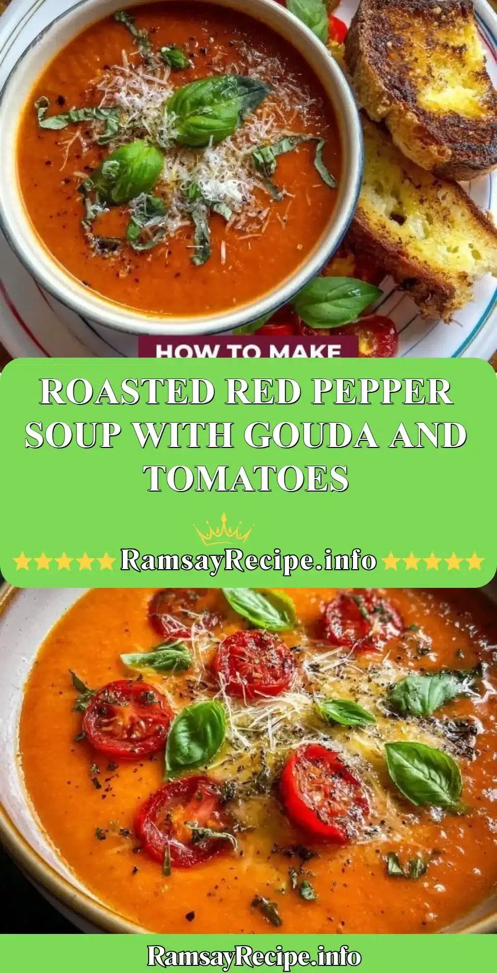 Bowl of creamy Roasted Red Pepper Soup with Gouda and diced tomatoes garnished with herbs.