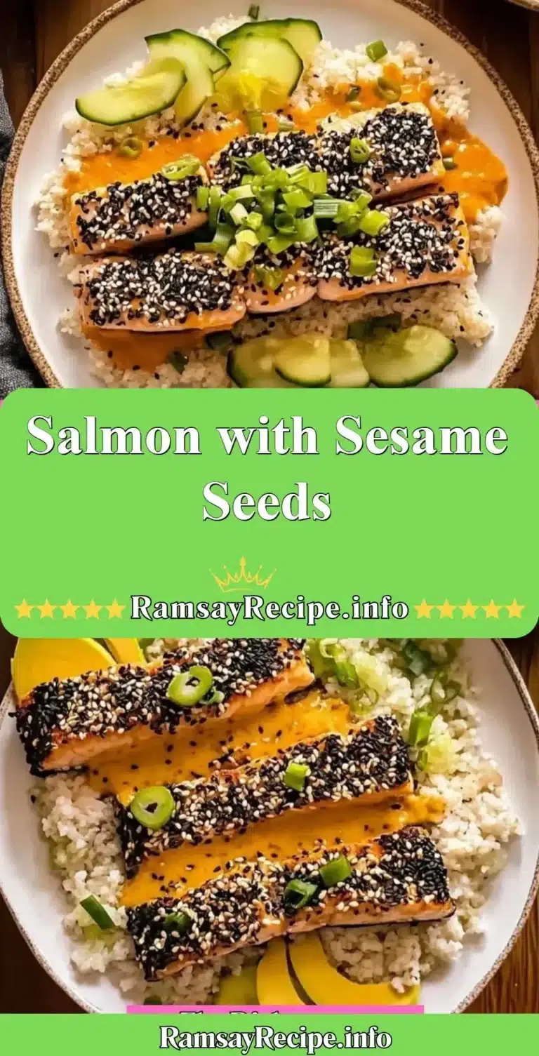 Plate of salmon with sesame seeds garnished with herbs and lemon.