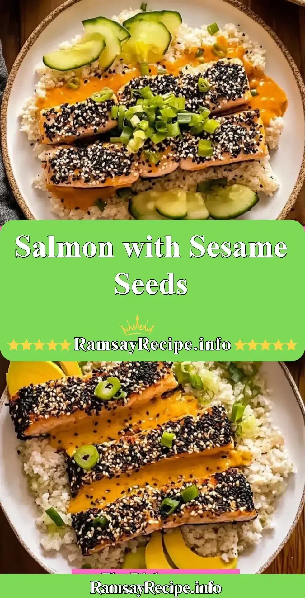 Plate of salmon with sesame seeds garnished with herbs and lemon.