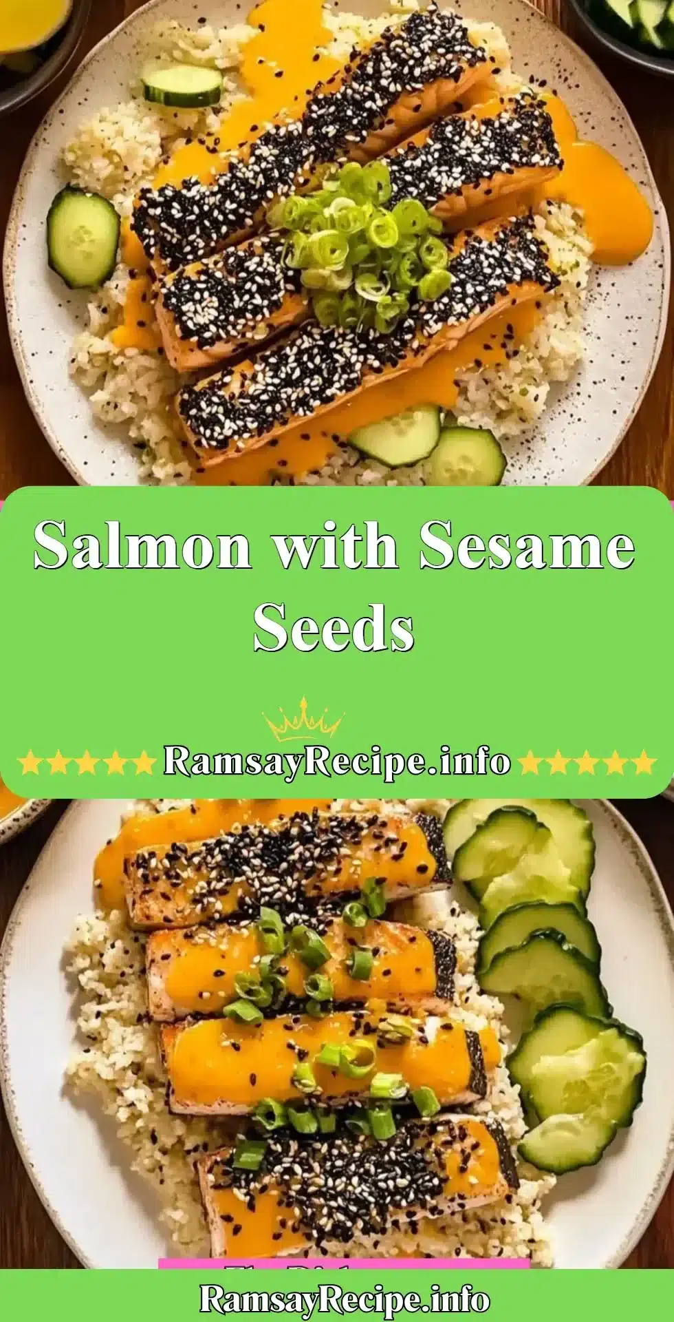 Cooked salmon fillet garnished with toasted sesame seeds on a plate.