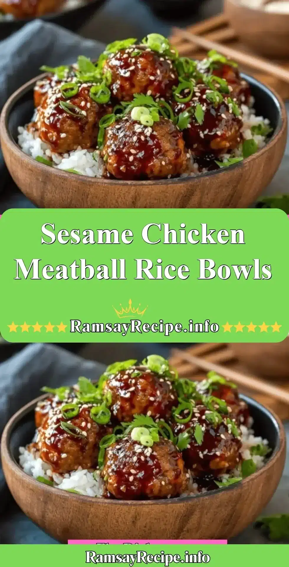 Sesame chicken meatballs served with rice and vegetables in a bowl