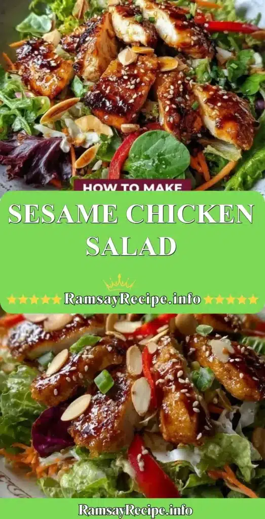 A vibrant bowl of Sesame Chicken Salad with fresh vegetables and sesame dressing.