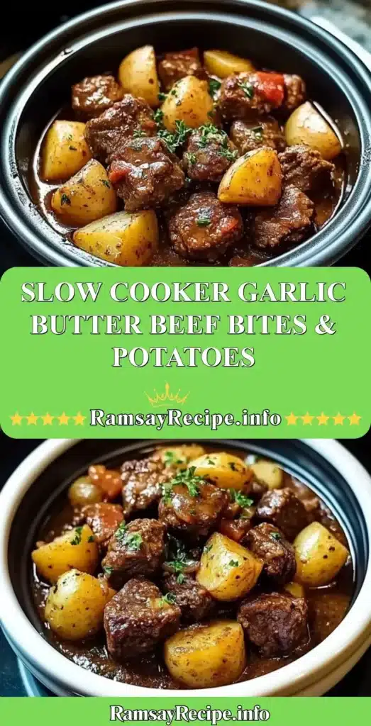Slow Cooker Garlic Butter Beef Bites with Potatoes dish ready to serve.