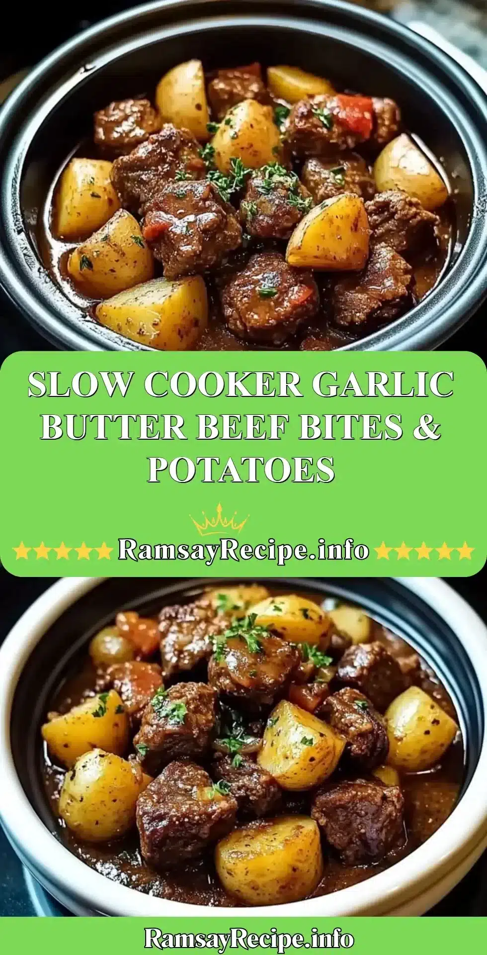 Slow Cooker Garlic Butter Beef Bites with Potatoes dish ready to serve.