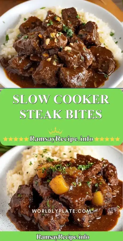 Delicious slow cooker steak bites served on a plate with herbs