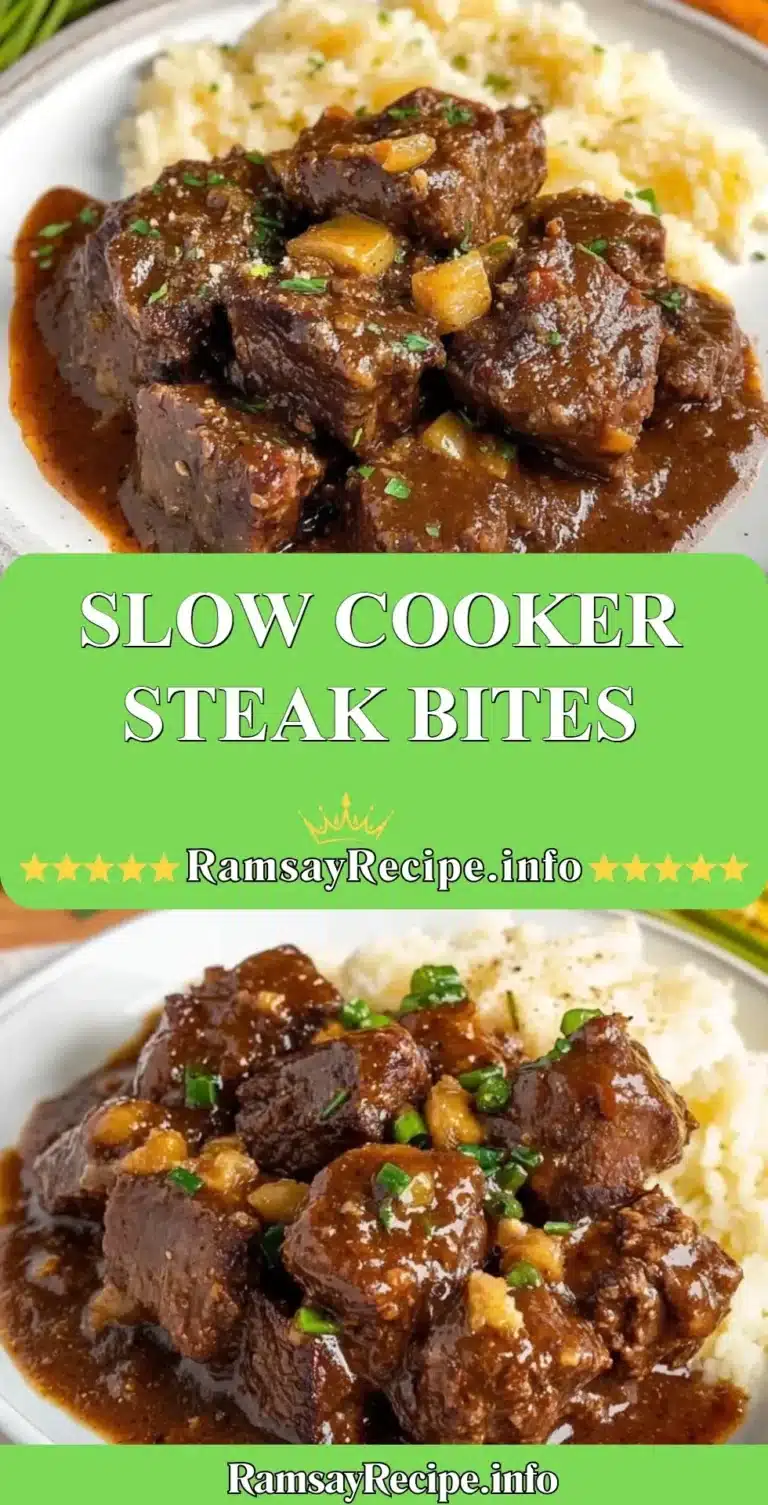 Tender slow cooker steak bites served on a plate with herbs
