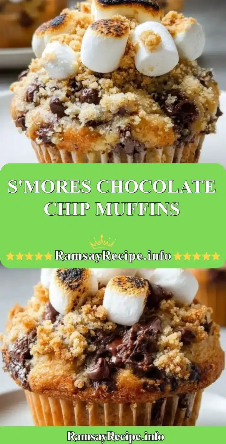 Delicious S'mores chocolate chip muffins topped with marshmallows and graham crackers.