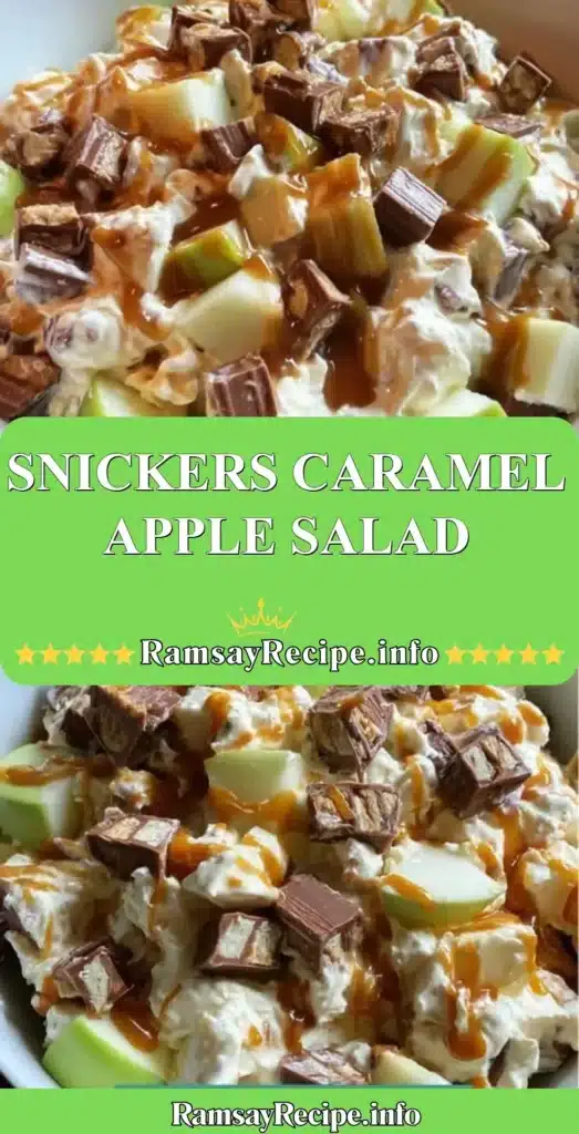 Delicious Snickers caramel apple salad with apples and Snickers pieces