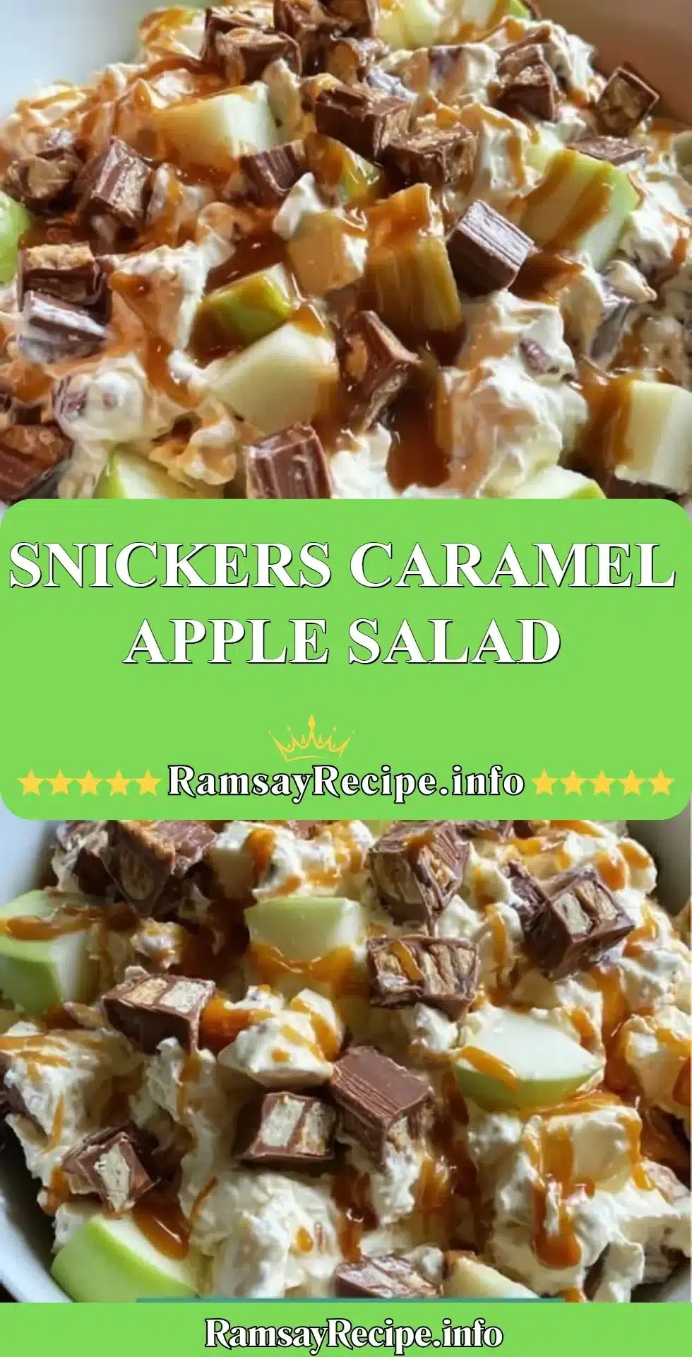 Delicious Snickers caramel apple salad with apples and Snickers pieces