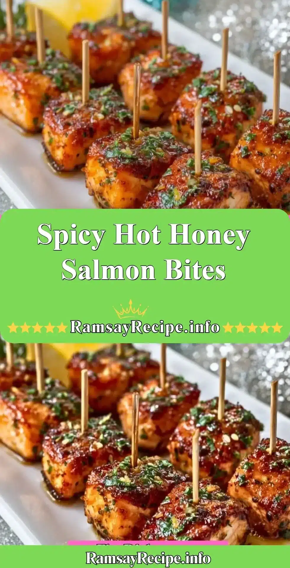 Spicy hot honey salmon bites served on a platter garnished with herbs.