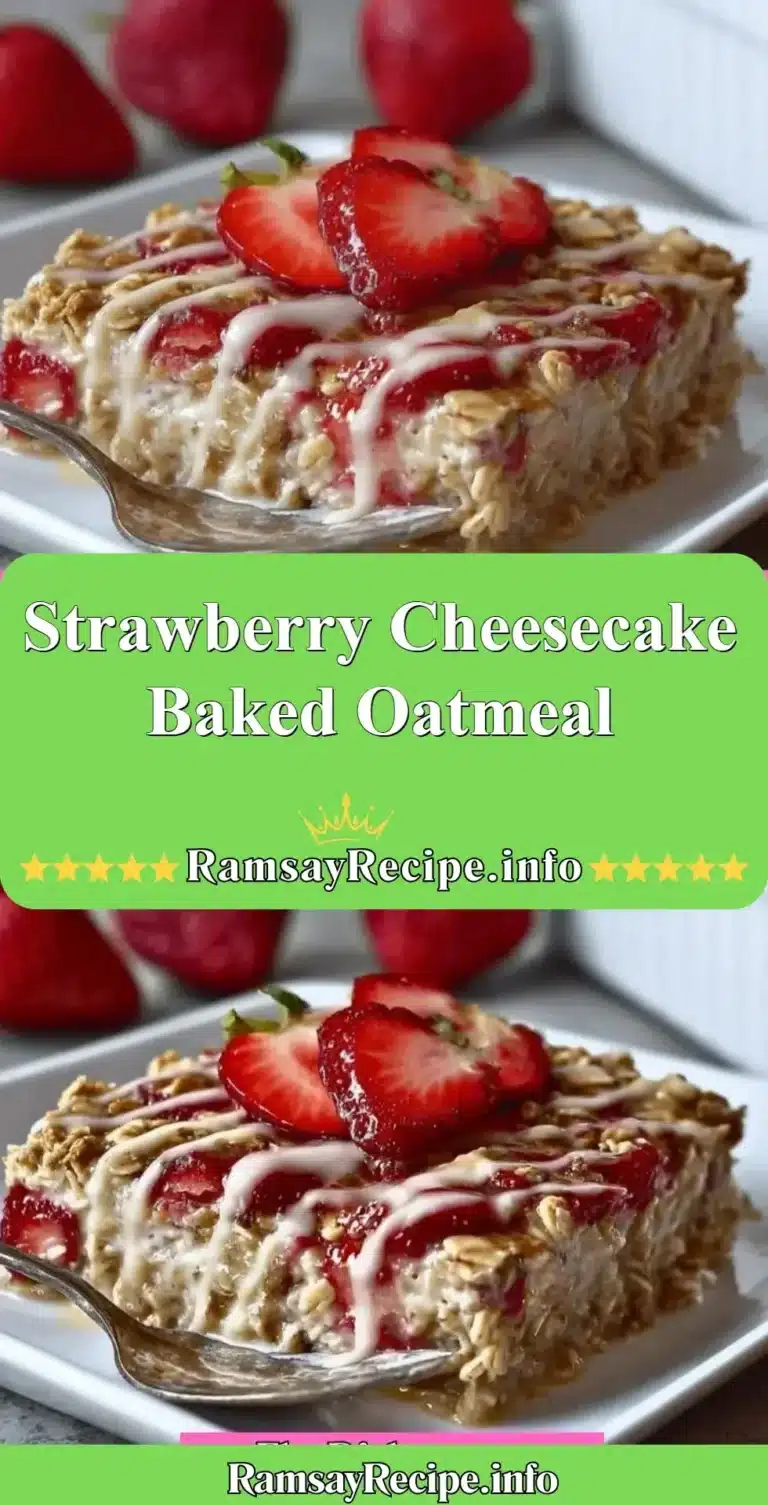 Strawberry cheesecake baked oatmeal topped with fresh strawberries